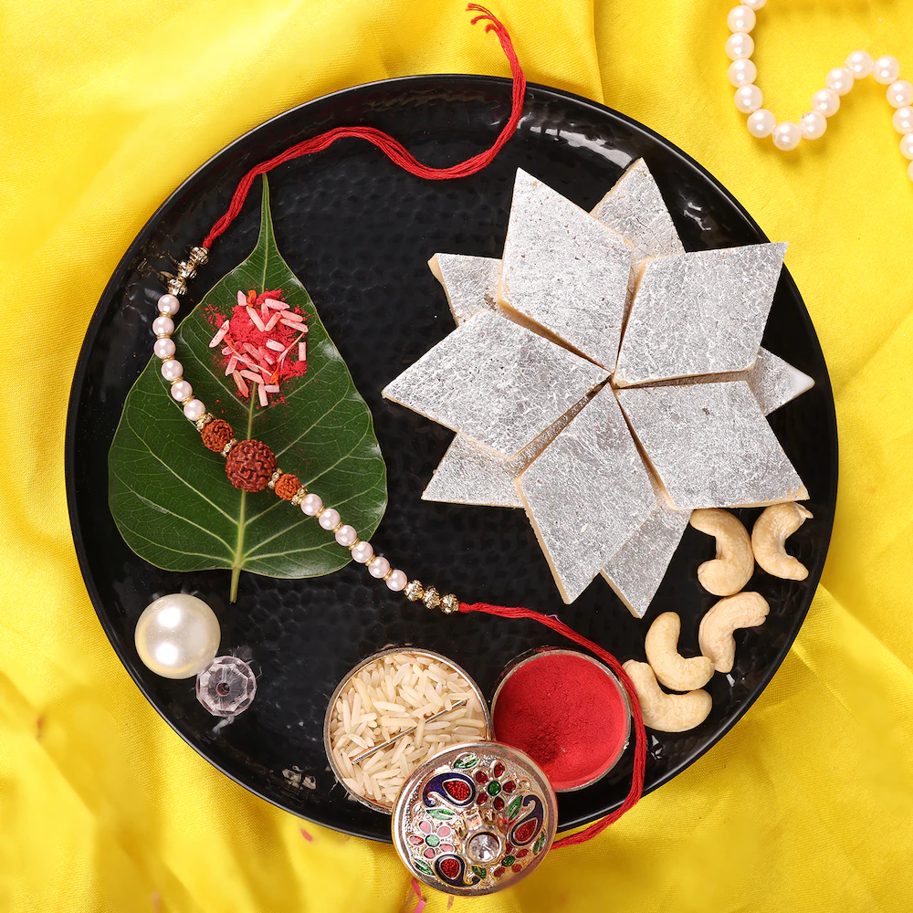  Triple Rudraksha Beads Rakhi And Kaju Katli